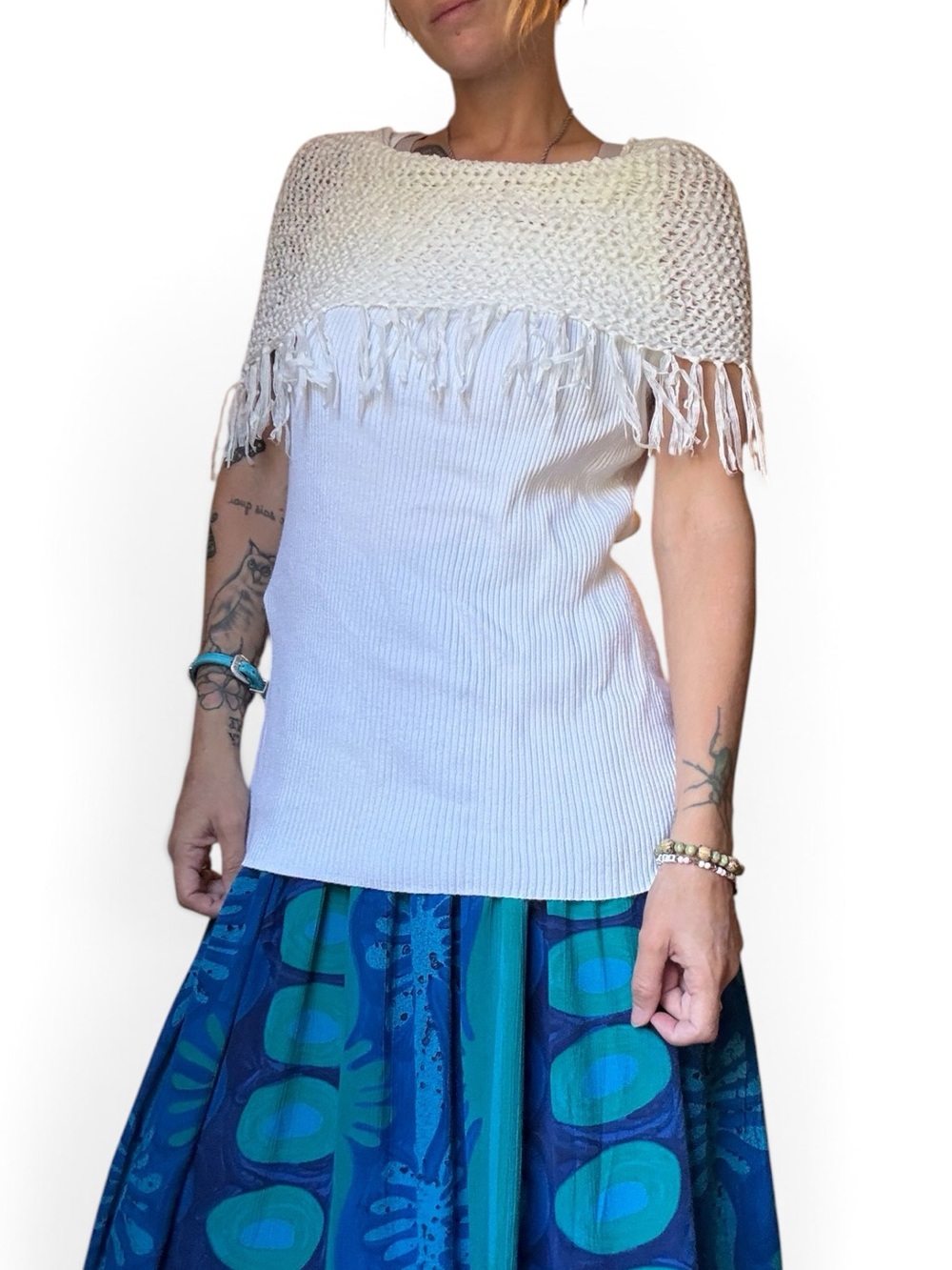 Southwest Western Style White Knit Fringe Poncho Top